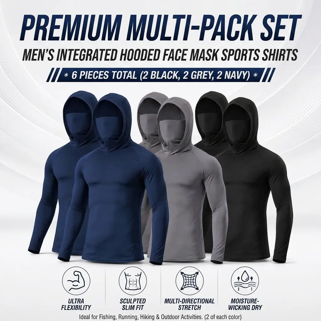 6 Pack Unisex UPF Sun Protection Hooded Compression Shirts, Quick Dry Long Sleeve Performance Tops with Attached Face Mask, Cooling Activewear for Outdoor Work, Fishing, Construction (Men & Women)