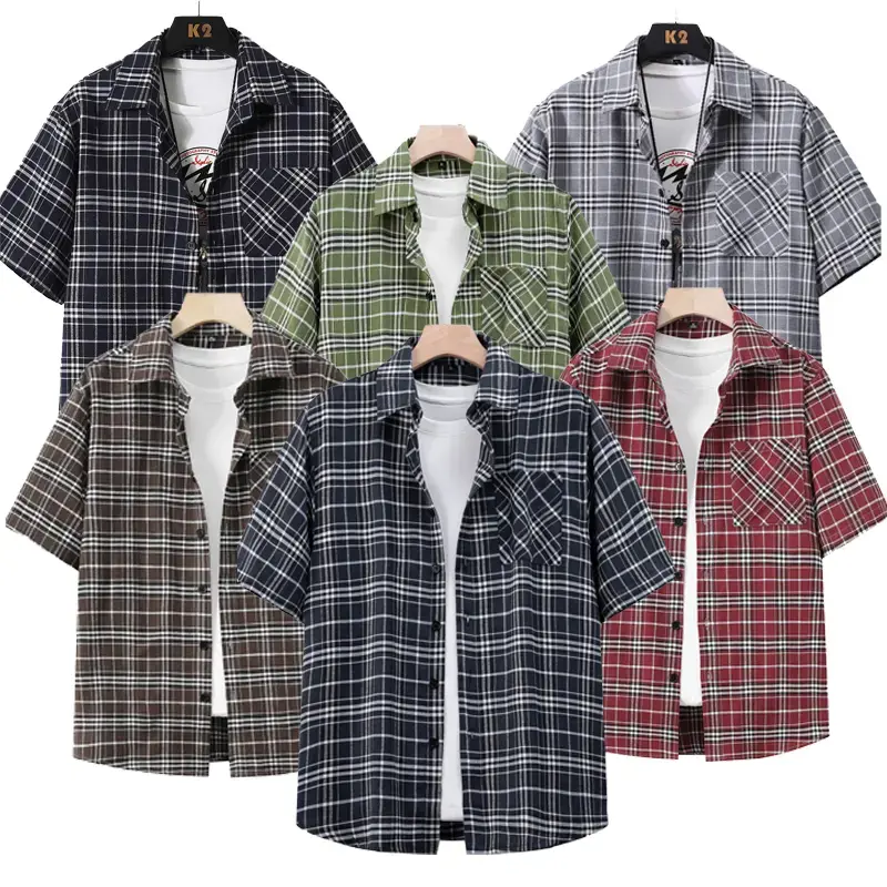 Men's Plaid Short Sleeve Button Down Shirt, Casual Loose Fit Checkered Overshirt with Chest Pocket, Lightweight Summer Streetwear Top, Unisex Layering Shirt for Daily Wear, Vacation, Beach, Party, School, Outdoor and Weekend Outfits, Trendy Everyday Style
