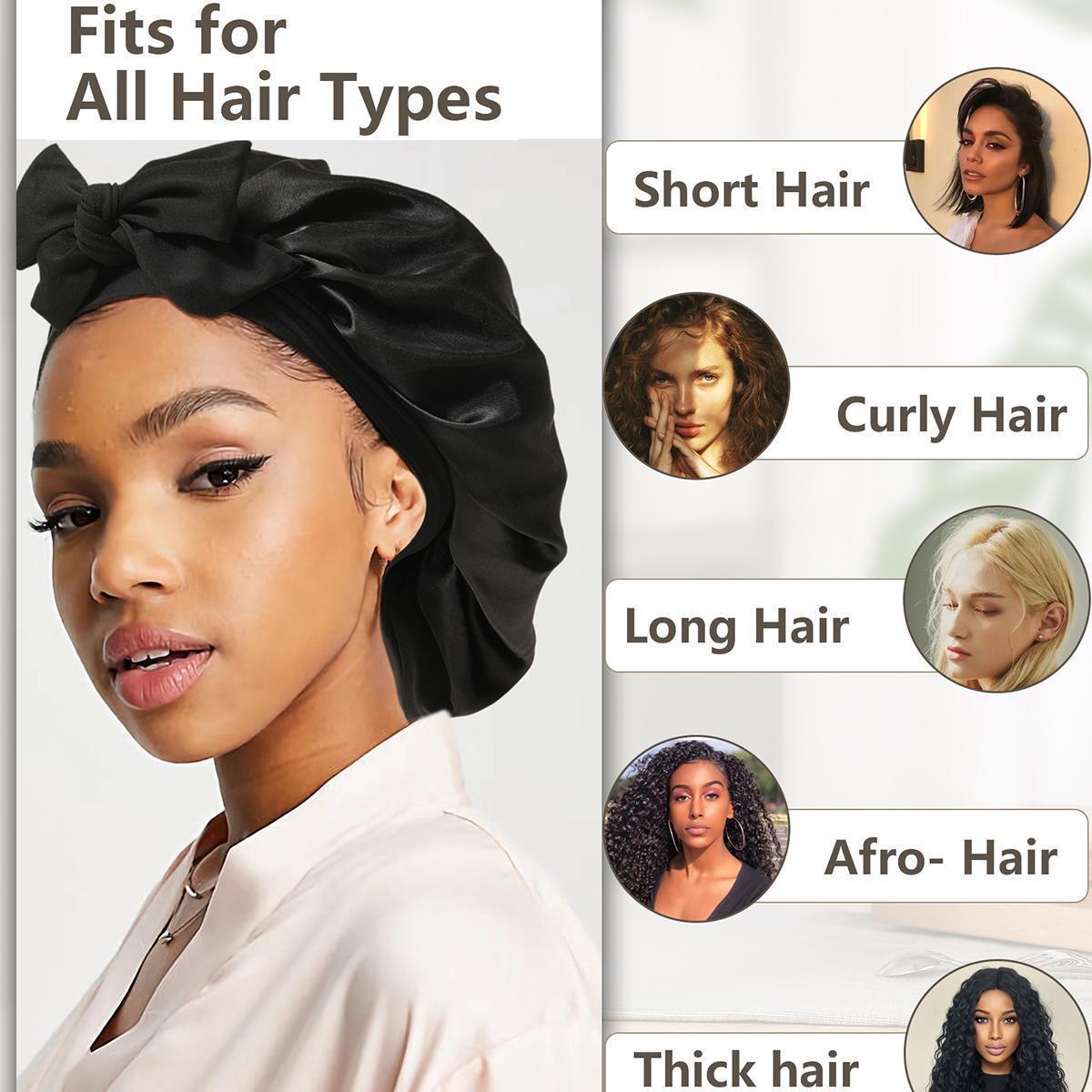 AWAYTR Women Silk Like Satin Bonnets Solid Color Nightcap for Sleep Women Black Sleeping Hair Care Bonnets Elastic Cap with Tie Band