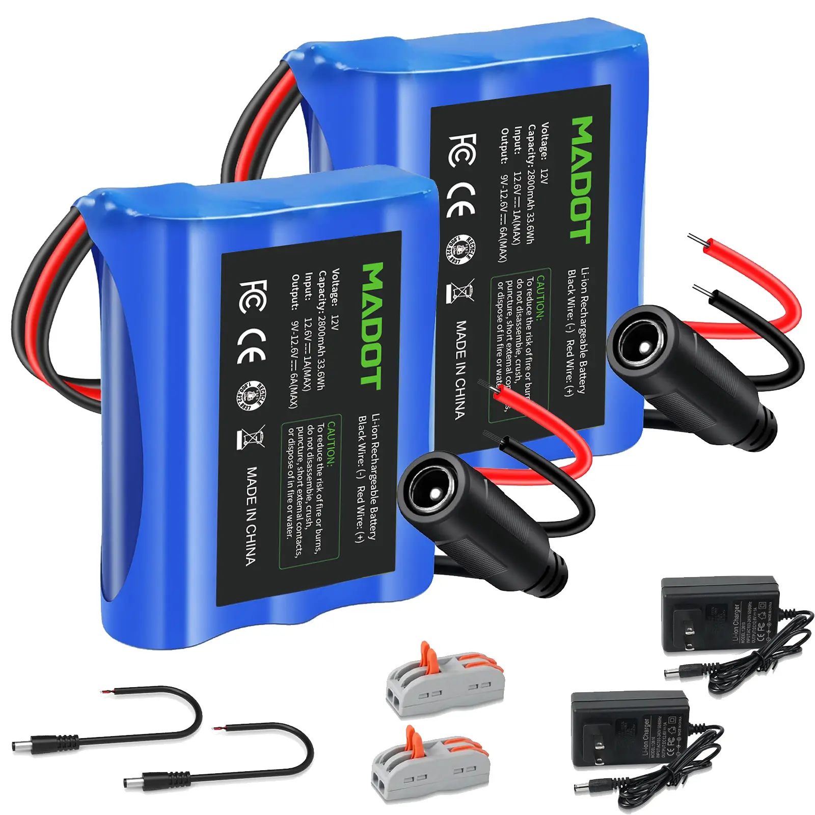 2Pack 12V 2800mAh Rechargeable Li-ion Battery Pack with Charger, Bare Leads Wire Replacement Compatible with 12 Volt Devices RC Car, Boat, Robot, DIY Project, LED Light Strip, CCTV Camera
