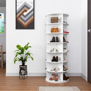 7 Tier Rotating Shoe Rack Tower, Modern White Spinning Shoe Storage Organizer Holds 28 Pairs of Shoes, Vertical Freestanding Handbag Display Shelf for Closet Entryway