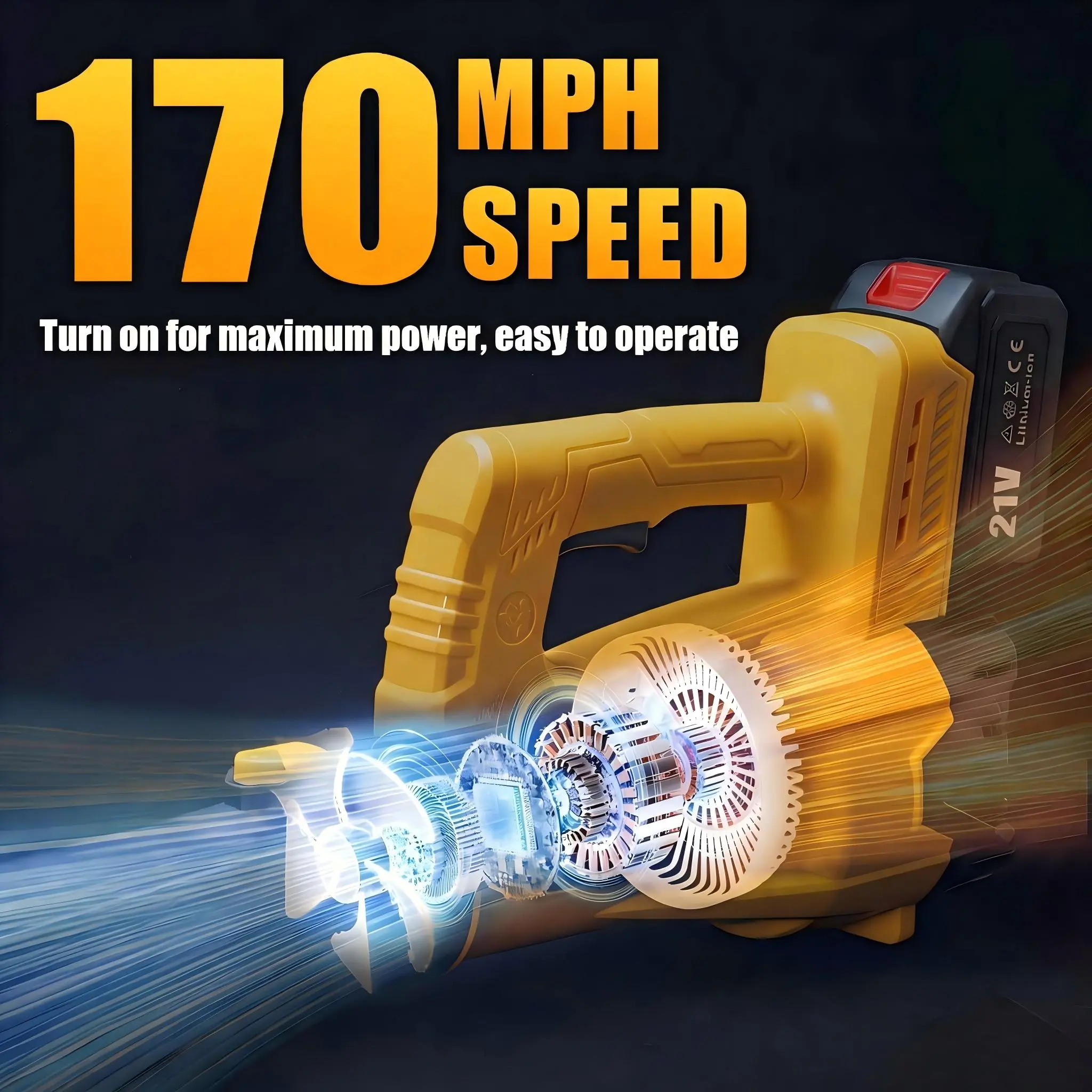 21V cordless leaf blower, high-speed electric blower reaching speeds of 170 mph and 600 cubic feet per minute, equipped with two adjustable telescopic tubes, powered by a rechargeable battery, suitable for yard leaf cleanup, snow removal, and car dust cle