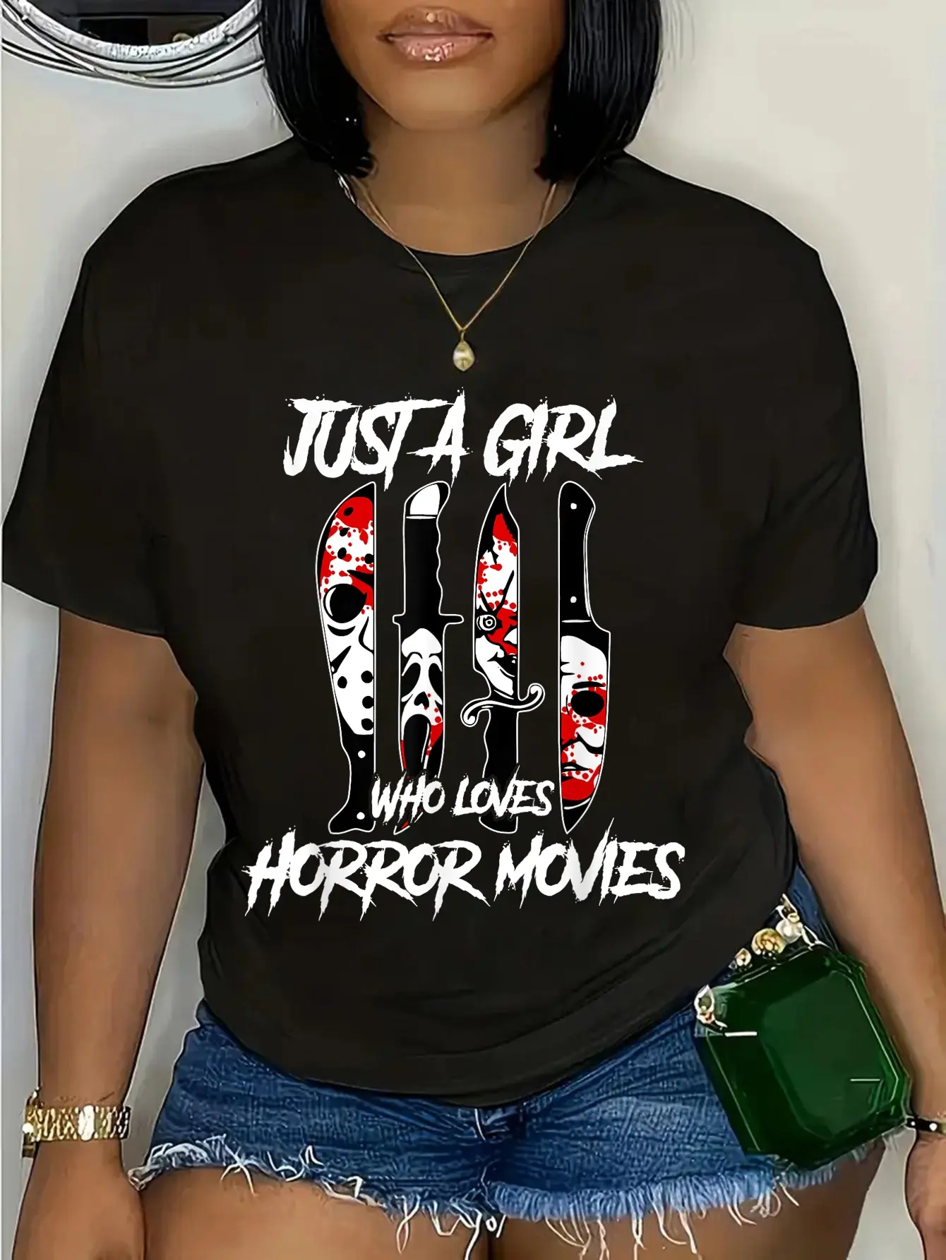 Lady's 100% Cotton Casual Short-Sleeve Graphic T-Shirt - Everyday Wear, Features Horror Movie Characters With Knives, Shortsleeve, Round Neck, Top, Women's T Shirts, Distressed Look, Alternative Style, Horror Knives