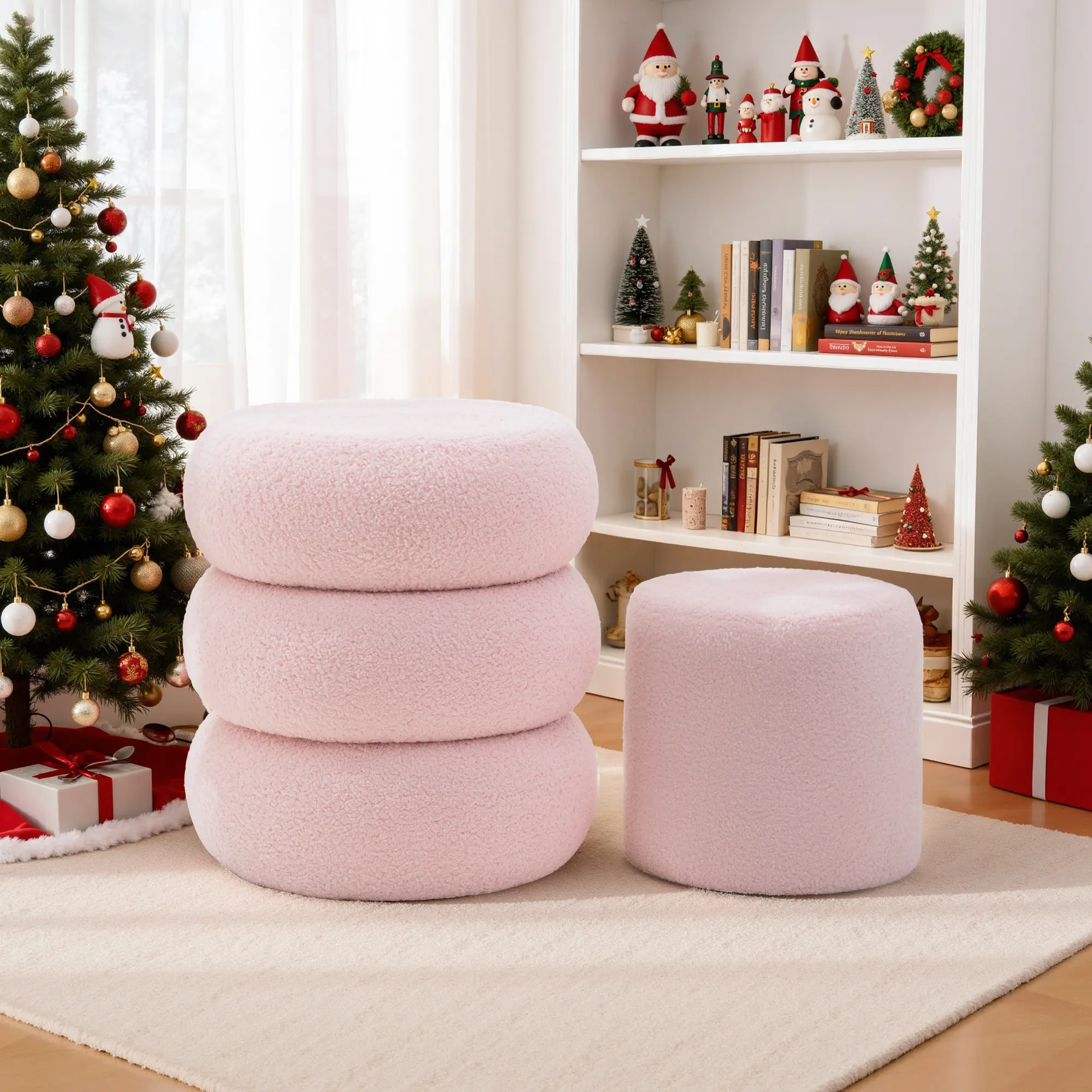 Korser The Three-Ring Design Round Ottoman Set of 2 Teddy Velvet Upholstered for Living Room & Bedroom Multi-Functional Storage Stable Durable Comfortable Seating