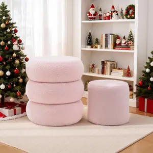 Korser The Three-Ring Design Round Ottoman Set of 2 Teddy Velvet Upholstered for Living Room & Bedroom Multi-Functional Storage Stable Durable Comfortable Seating