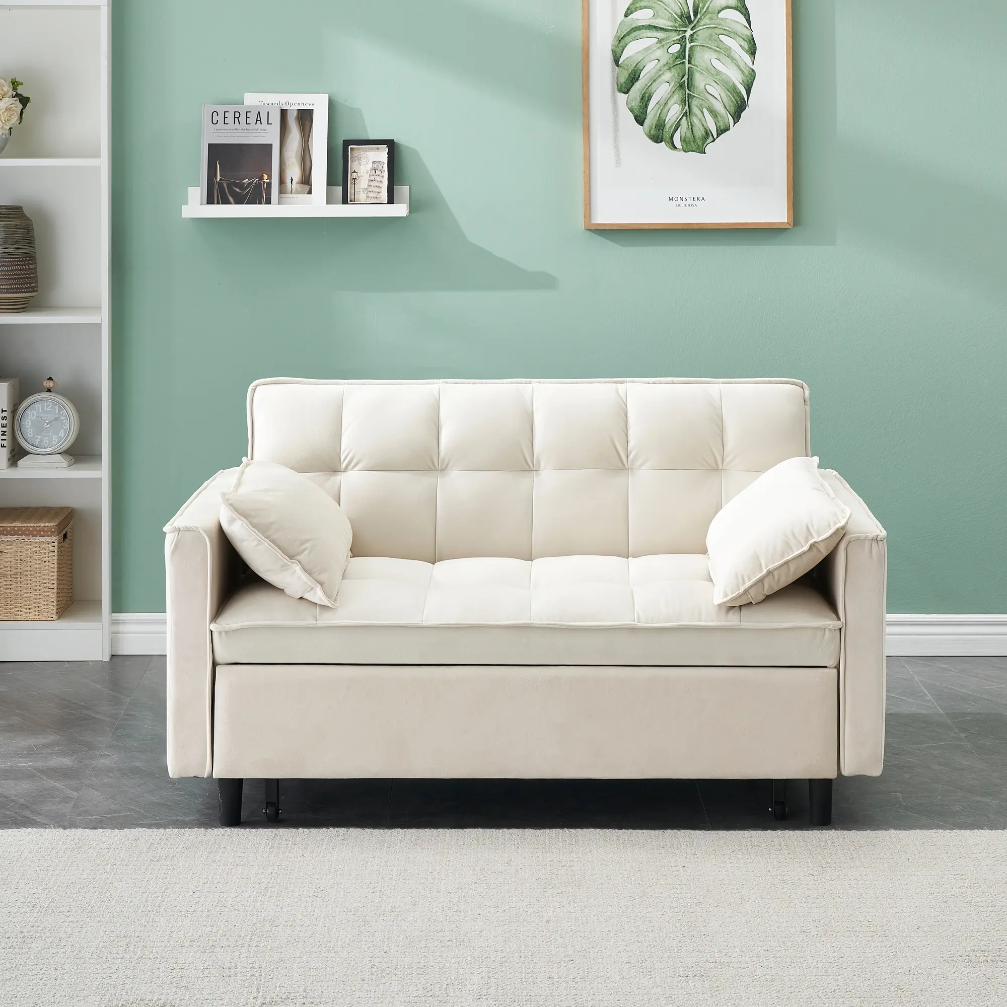 3-in-1 Convertible Sleeper Sofa Bed, 55 Inch Modern Velvet Loveseat Futon with Reclining Backrest & Pull-Out Bed, Compact Design for Small Living Rooms, Includes Toss Pillows & Storage Pockets