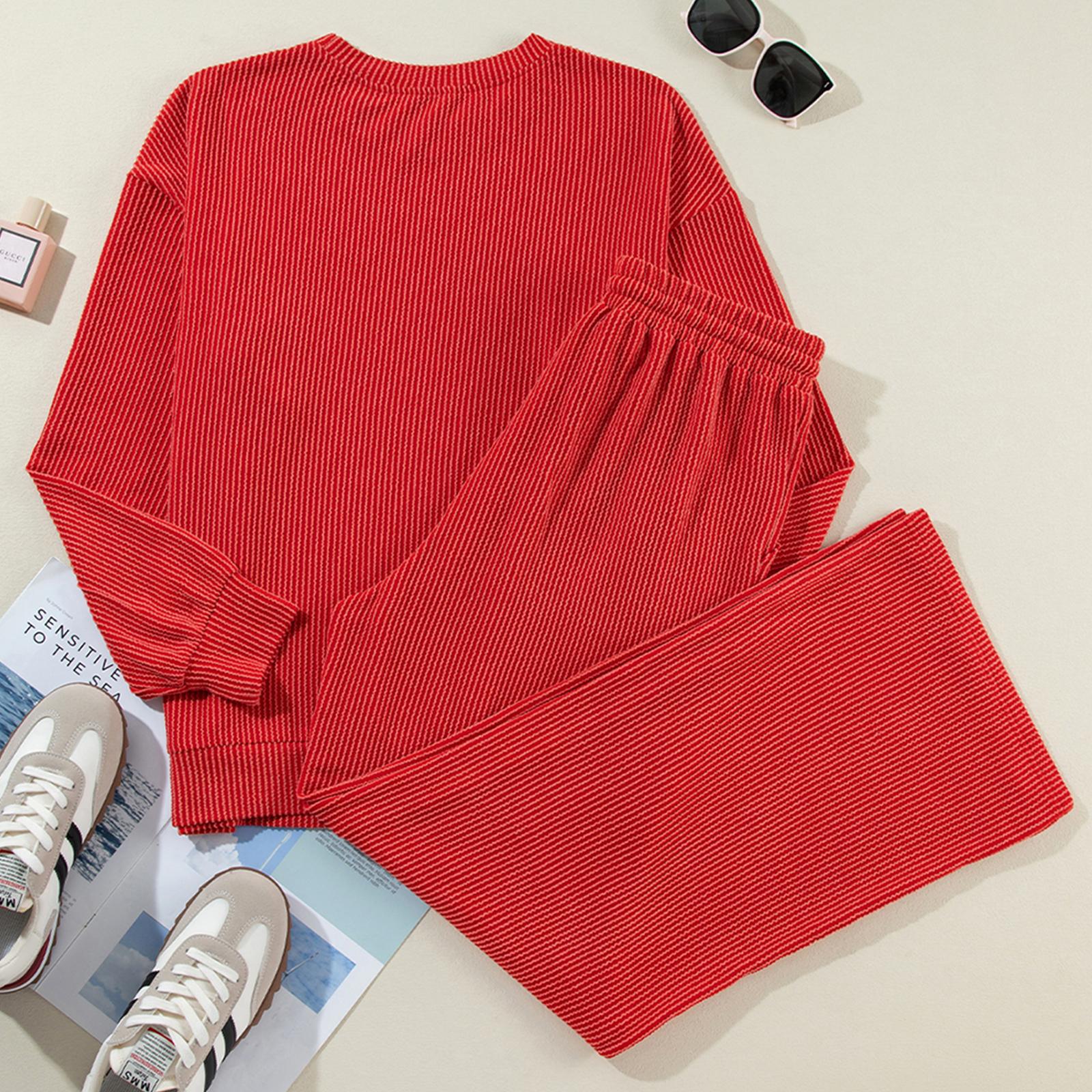 Mntaor Women's Christmas Winteroutfit Fiery Red 2 Piece Corded Outfit JOLLY Long Sleeve Top & Pants Set with Practical Pockets for Casual Wear