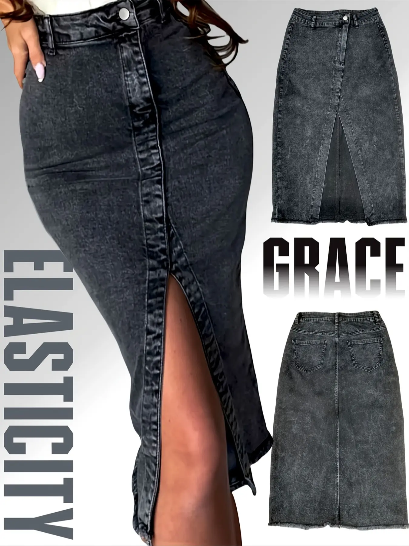 Women's Denim Fabric Fitted Midi Skirt with French Elegance, High-Stretch Layered Design, Vintage, Casual and Formal Wear for All Seasons Aesthetic Fashion Bottom