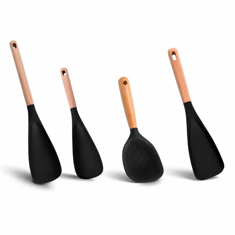 4pc Silicone Spatula Spoon Set with Wood Handle - Heat Resistant Non-Stick Kitchen Cooking Utensils for Mixing, Flipping, Scraping, Baking, Stir Fry