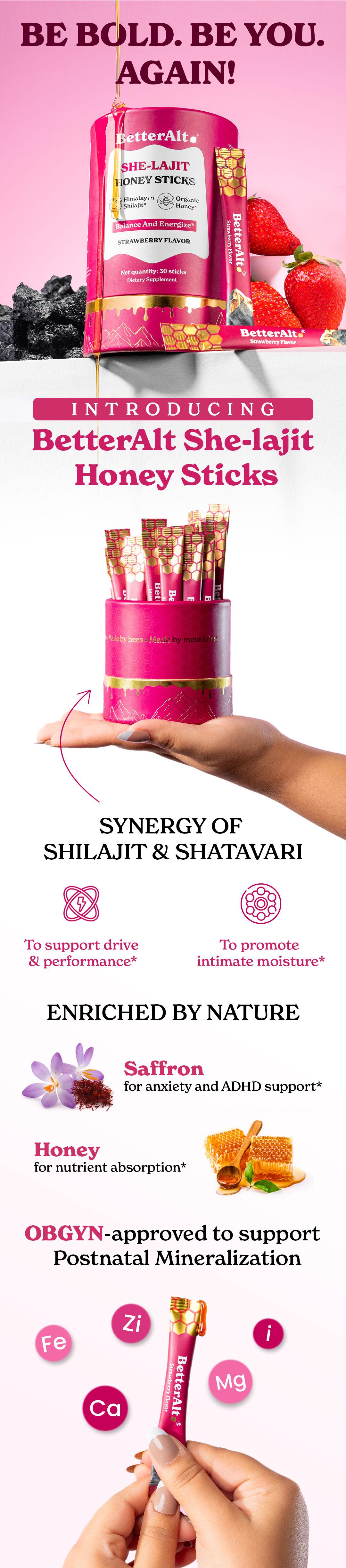 Women Multi-Mineral Honey Sticks | BetterAlt SHE-Lajit | Shilajit, Shatavari & Saffron | Hormonal Balance & Energy - 30 Honey Packs