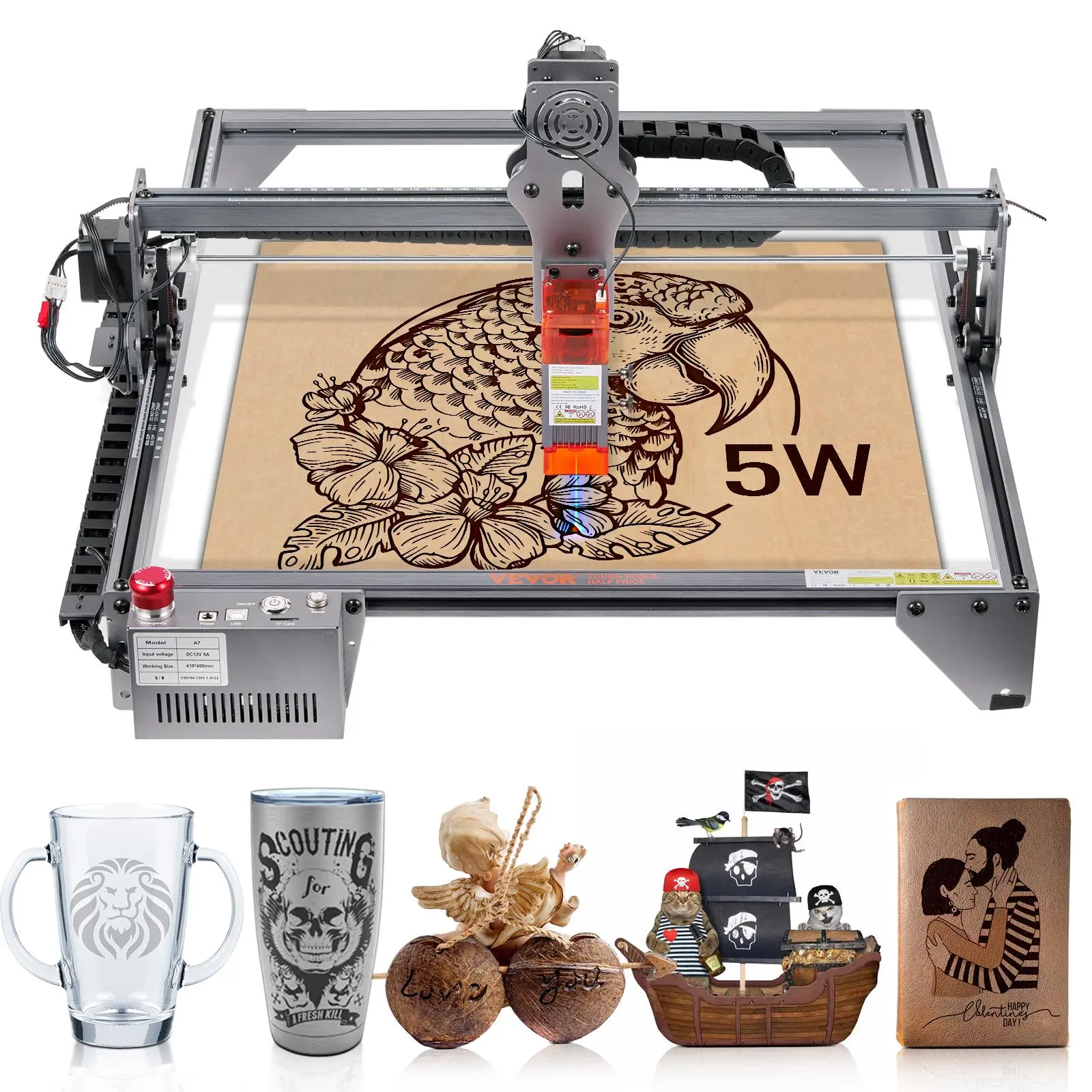 VEVOR 5W Output Laser Engraver Cutter with Power, 16.1"x15.7" Large Working Area, 10000mm/min Movement Speed, Compressed Spot, Eye Protection, Stepper Motor for Wood, Metal, USB Cable Included, Simple Operation for US Users, Windows Compatible