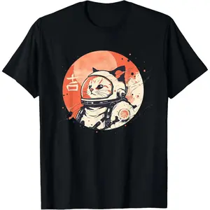 Cotton Short Sleeve Japanese Minimalist 1950S Retro Space Cat Good Luck Kanji T-Shirt For Men Women