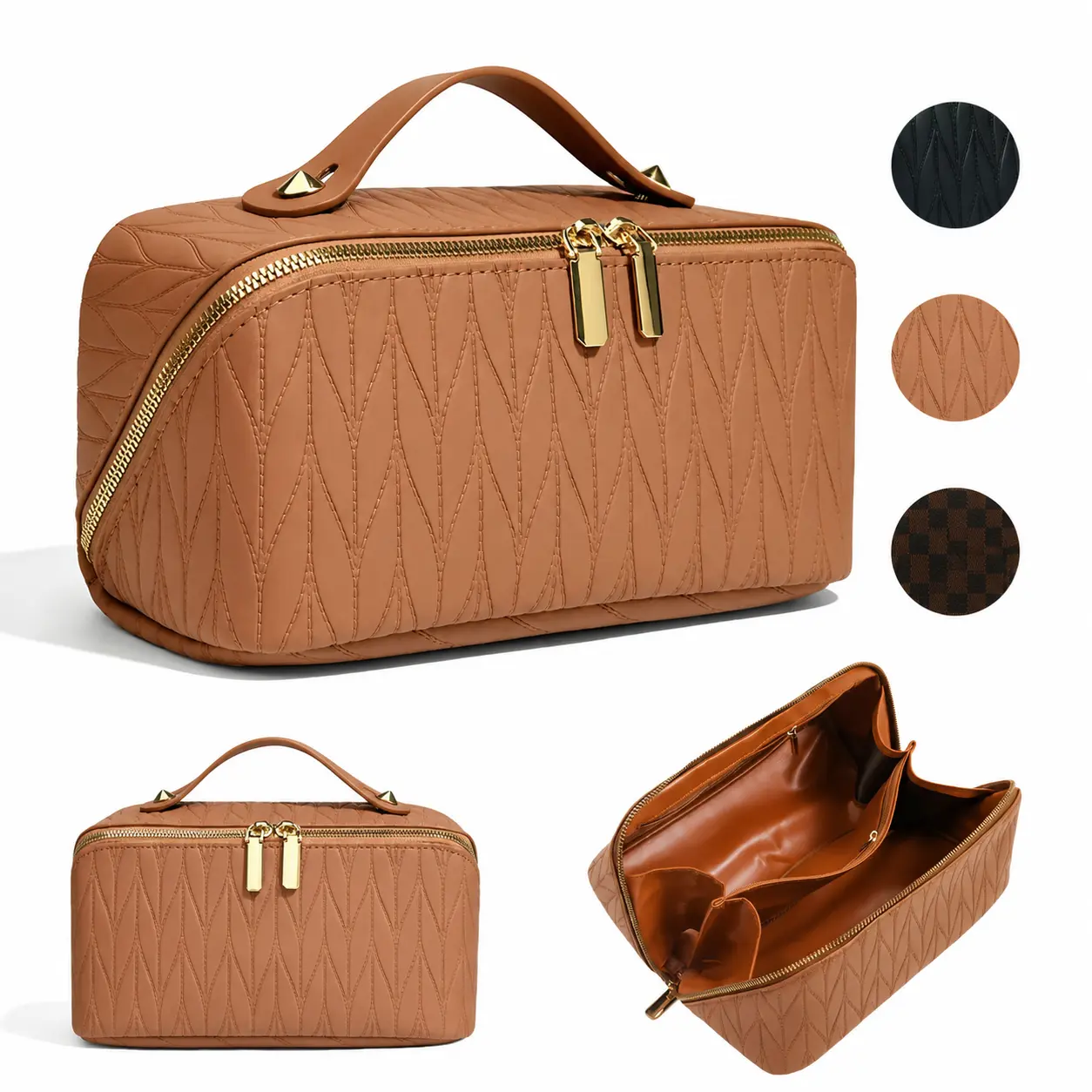 Large Capacity PU Cosmetic Salon-Grade Organizer Bag for Travel Waterproof Valentine's Day Gift Vegan Leather Makeup Pouch Portable Toiletry Bag for Women Makeup Case Jewelry Organizer Box Handheld Cosmetic Pouch Girlfriend Present Minimalist