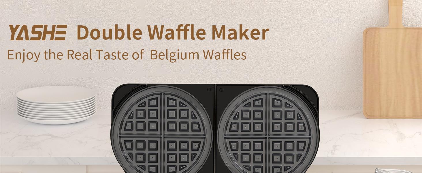YASHE Double Waffle Maker 6 Inch 1400W Belgian Waffle Maker with Nonstick Plates, Temperature Knob & Cool-Touch Handles