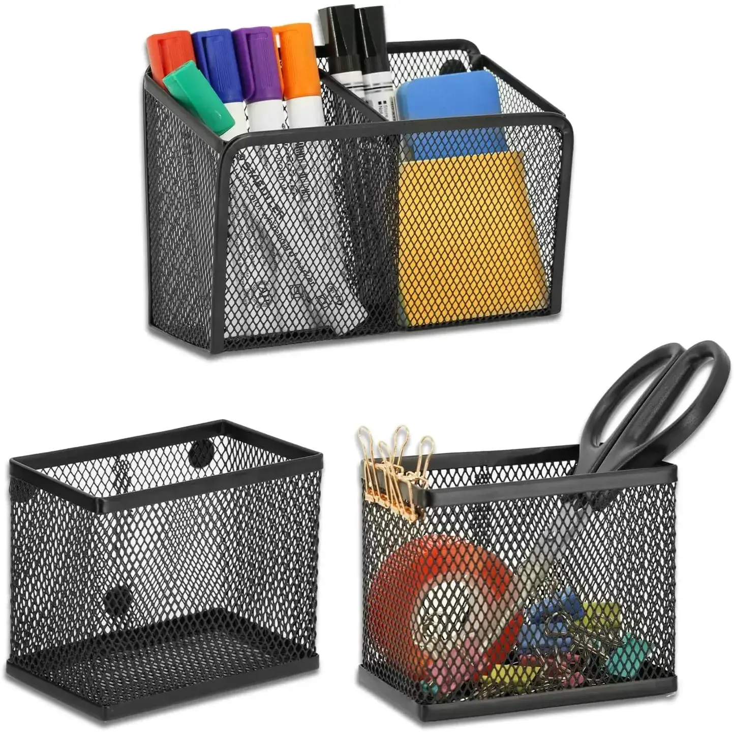 3-Pack Black Magnetic Base Desk Organizers - Multi Compartment Metal Office Supply Set with Locker Shelf, Pencil Holder, Storage Basket for Classroom, Dry Erase Marker Organization, Refrigerator