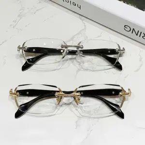 Luxury Frameless Transparent Reading Glasses with Diamond Cut Edges & Stylish Metal Temple Decorations for Reading Computer Games & High-Definition Street Style Visuals - Clear, Daily