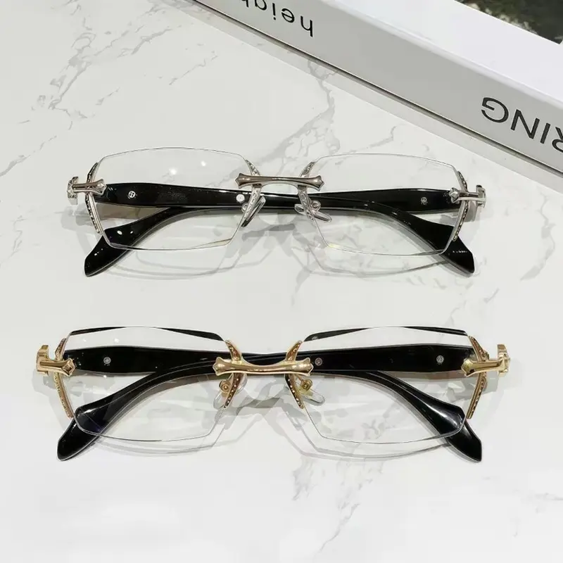 Luxury Frameless Transparent Reading Glasses - Diamond Cut Edges, Metal Temple Decorations, Non-Prescription Lenses for Daily Reading, Computer Use