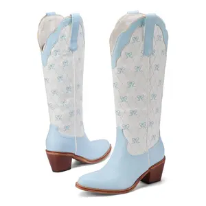 【Tiktokshopmothersday】Cowboy Boots for Women, with Bow Embroidery Casual Knee High Boots for Women, Chunky Heel Pointed Toe Western Boot for Dressy Party