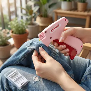 Handheld Stitch Tag Gun for Clothes, Quick Clothing Fixer, Tagging, Sewing Kit Includes 6 Needle, 1000 Black Fasteners & 1000 White Fasteners, Pink