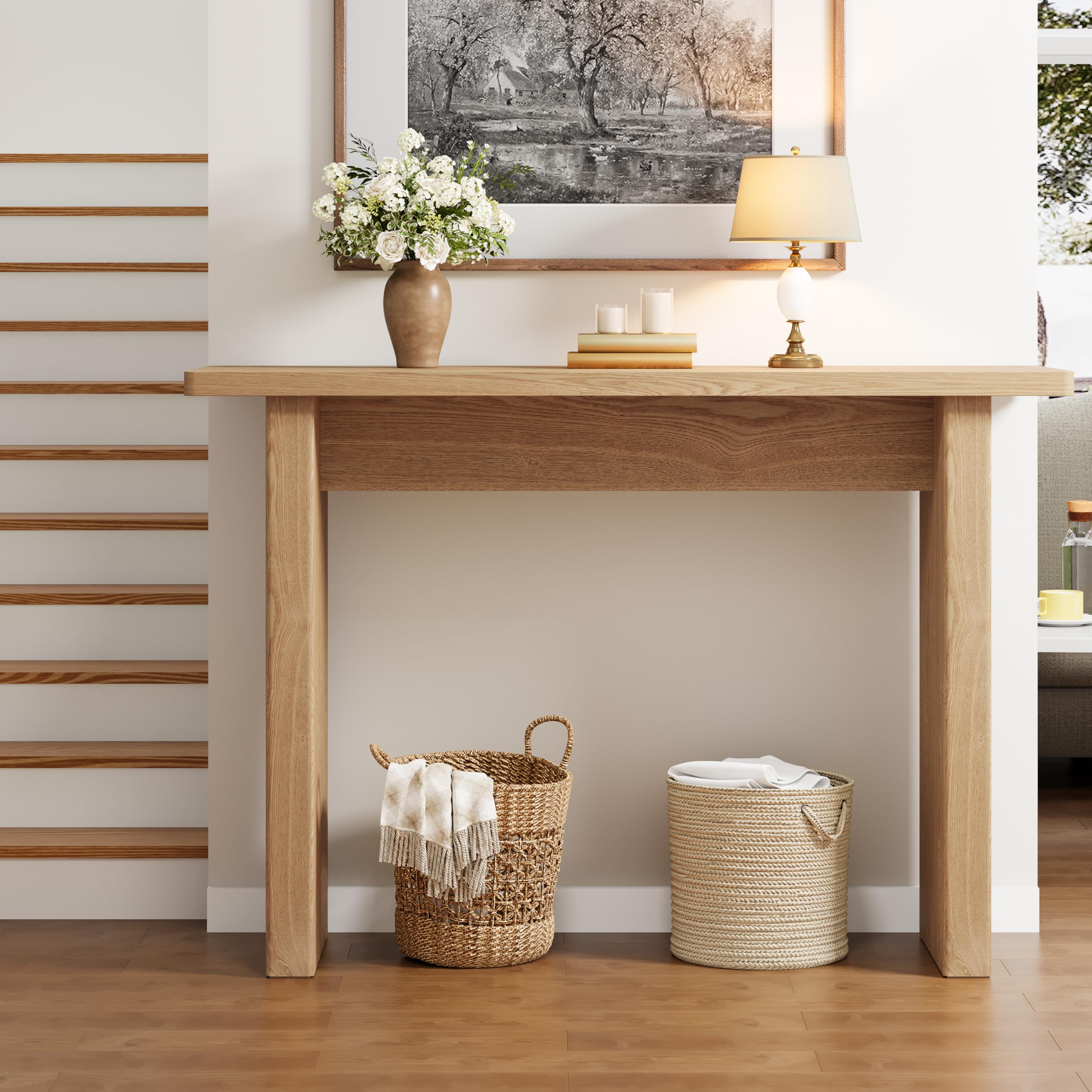 Giratree 43.3" Fluted Wood Couch Table Behind Sofa Long and Skinny for Living Room Hallway Entrance Foyer Mid Century Narrow Entryway Console Table