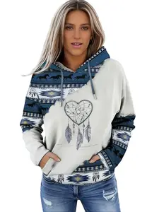 Women's Ethnic Pattern Heart Graphic Print Drawstring Hoodie, Casual Long Sleeve Drop Shoulder Hooded Sweatshirt, Ladies All Seasons Loose Fit Comfort Hoodie, Classic Ethnic Style Heart Print Pullover for Women All Occasions
