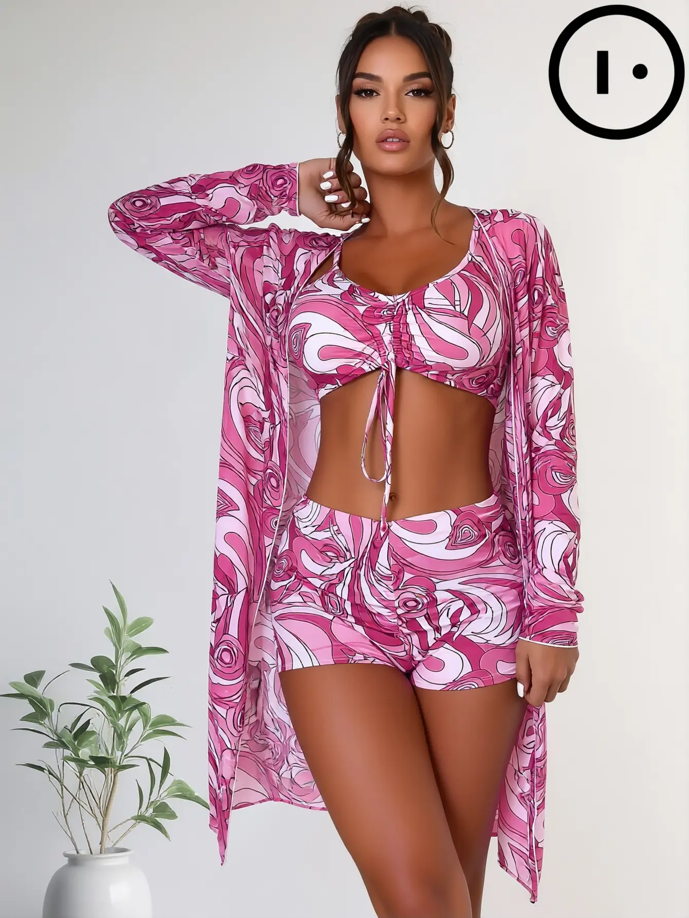 Women's 3-Piece Bathing Suit Set - Floral Print Long-Sleeve Tie-Front Cloak, High-Waist Tankini, Tropical Split, Solid Color Design - Summer Sports & Outdoor Swimwear for Women, Bathing Suit Women