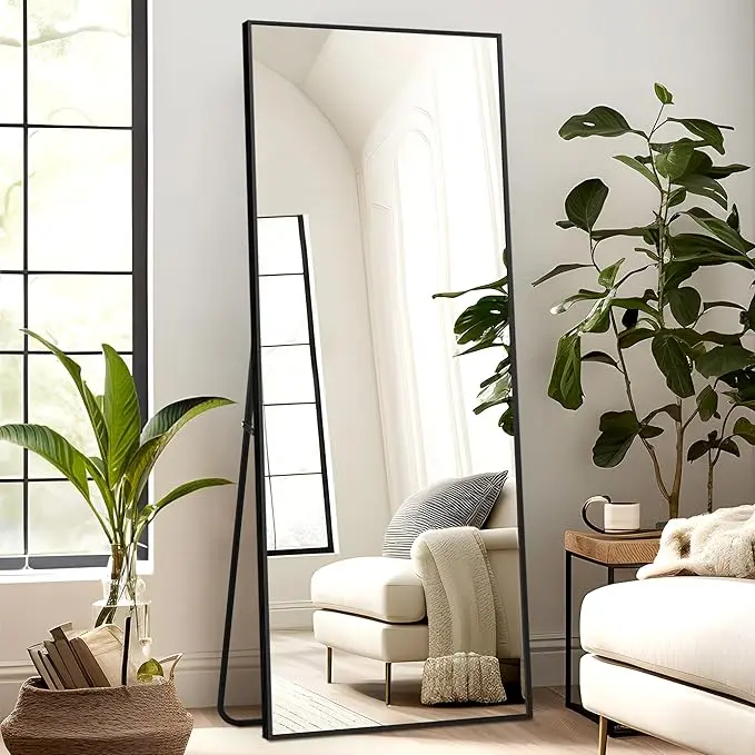 21 in. W x64 in. H Rectangular Full Length Mirror  Home DecorFull Length Mirror Standing Hanging or Leaning Against Wall, Large, Rectangle, Bedroom Wall-Mounted / Floor Dressing Mirror, Aluminum Alloy Thin Frame, Black, 64"x21"