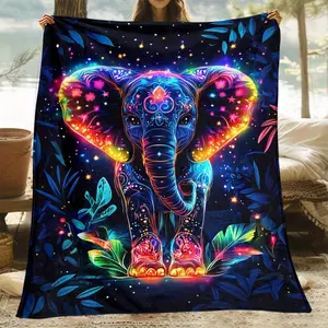 1pc Vibrant Elephant Luminous Flannel Throw Blanket Soft Warm Lightweight Polyester All Season Cozy for Sofa Bed Bedroom Living Room Office Couch Chair Camping Picnic Travel Machine Washable