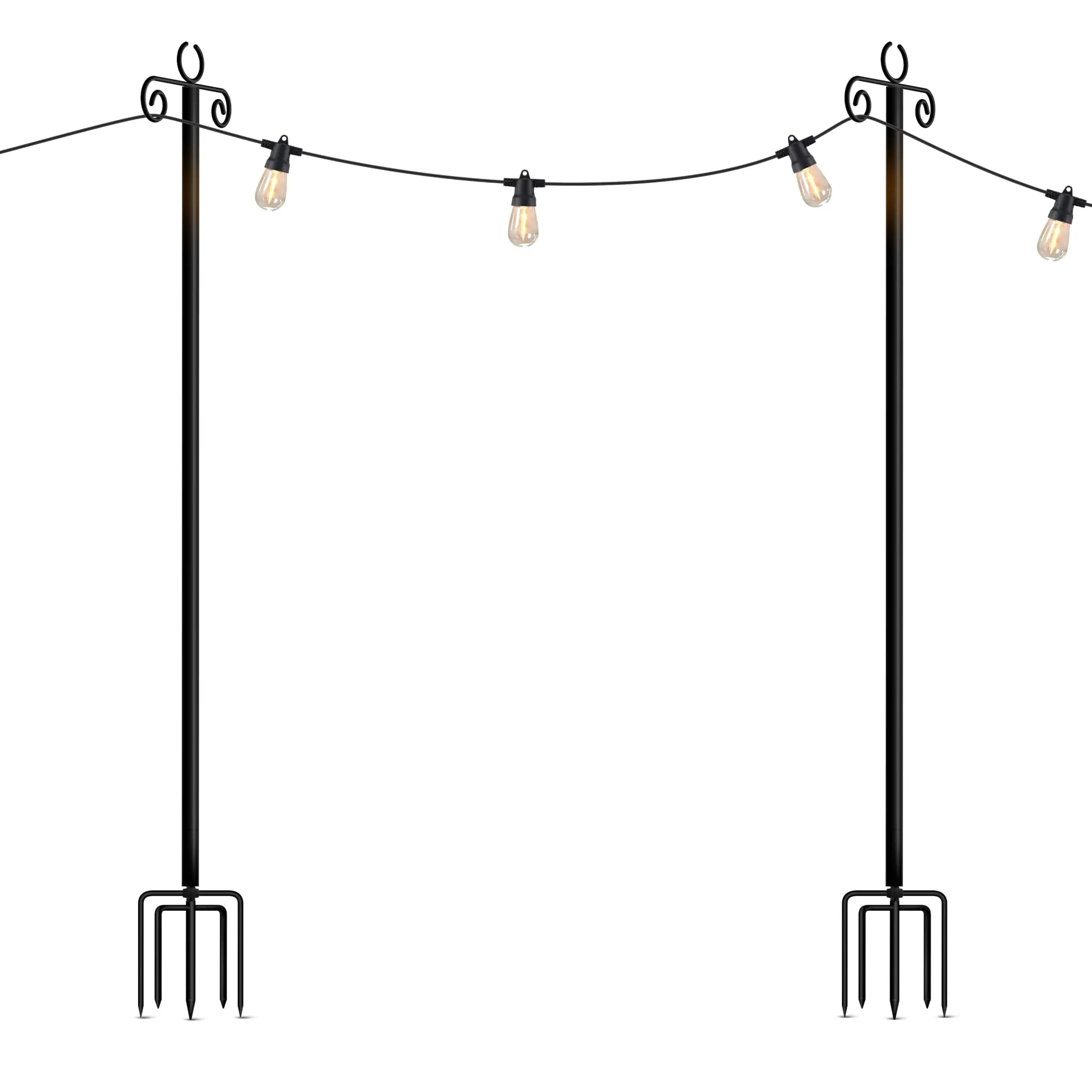 Brightech 2-Pack Heavy-Duty Metal String Light Poles, 10FT Fork Base with 3-Hook Hanging, 7-Piece Height Tune, Fits 10-Ft Strings for Outdoor Patio Party Porch Decor, Ambient & Accent Lighting