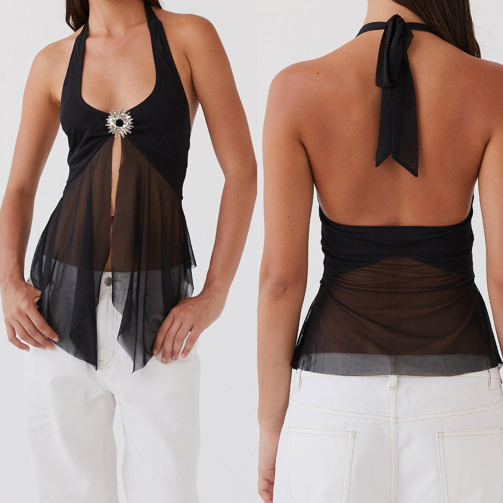 Women Chic Sleeveless Halter Tops Summer Tie Up Backless Sheer Mesh Split Shirts For Streetwear Aesthetic Grunge Clothes Women Chic Sleeveless Halter Tops Summer Tie Up Backless Sheer Mesh Split Shirts For Streetwear Aesthetic Grunge Clothes