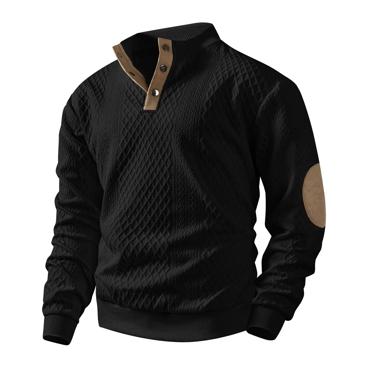 Menswear Loose-Fit Henry Collar Long Sleeve Top - Regular Silhouette, Mock Neck, Button Details, Diamond Stitched Patterns, Leather Inserts, Vintage Look for Casual & Home Sports Use