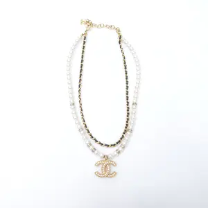 Pre-owned Chanel Gold Tone Pearl&Diamond Black&White Necklace T10357747
