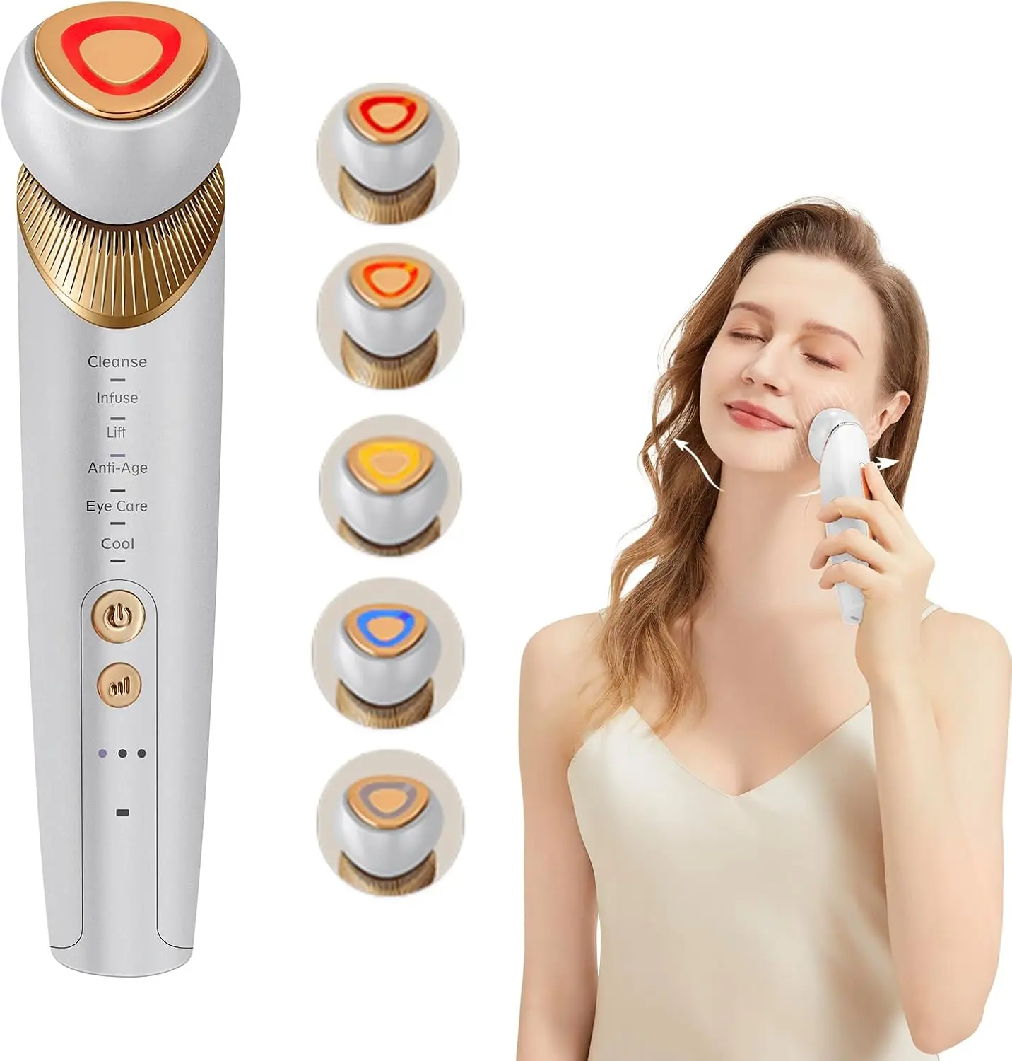 3.7V 1200mAh Rechargeable Battery Plastic 6-in-1 Facial Beauty Instrument - Gold Head Anti-Aging Massager for Adults, with Microcurrent, LED Light Therapy, Heating, Cooling, Sensitive Skin Gel, Cleansing, Skin Brightening, Lightweight Daily Self Care Gift