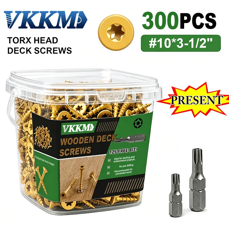 VKKM # 10 * 3-1/2 "300 hexagon socket wood screws, carbon steel self tapping fasteners, free T25 screwdriver bit, yellow zinc rust proof carbon steel screws for furniture and cabinet woodworking maintenance