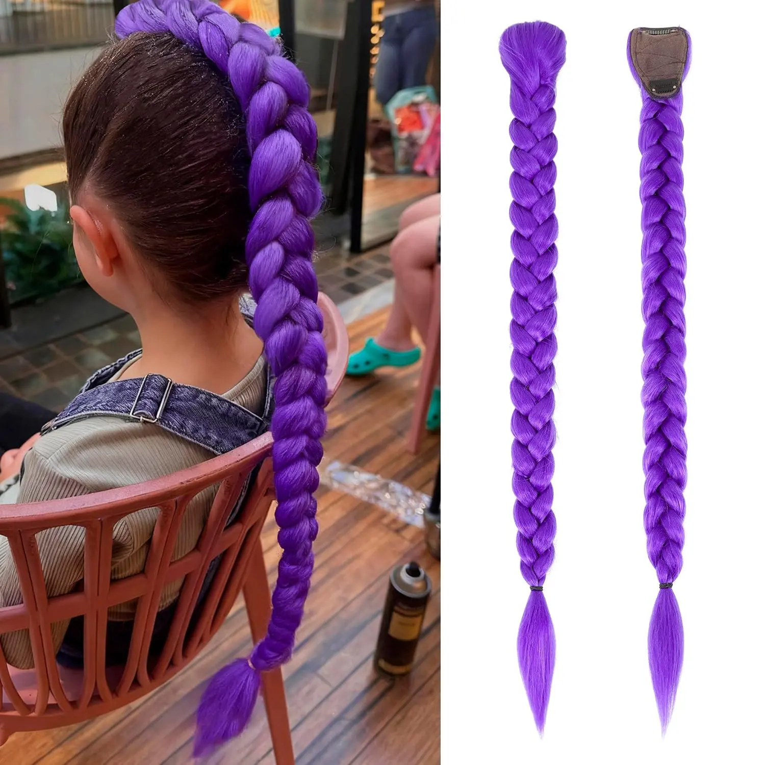VOSILK 1pcs Long Purple Braid Ponytail Pre Stretched Purple Hair Extensions for knotless Braids Easy Clip in Ponytail for Cosplay Halloween Costume 26inch stage performance Natural Fluffy Synthetic hair extensions clip in hair extensions clip in