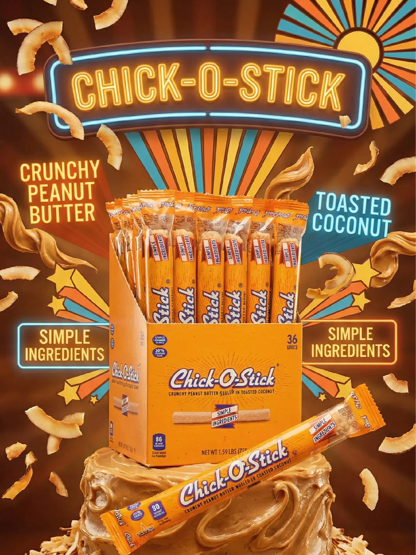 Chick O Stick 0.7 oz Old-Fashioned Crunchy Peanut Butter Coconut Vanilla Candies - GMO-Free, Gluten Free Candy, Individually Wrapped Long-Lasting Sweet Snacks - Bulk Boxes (8,12,36 Count) for Office, Party Snacks, Sweets and Desserts