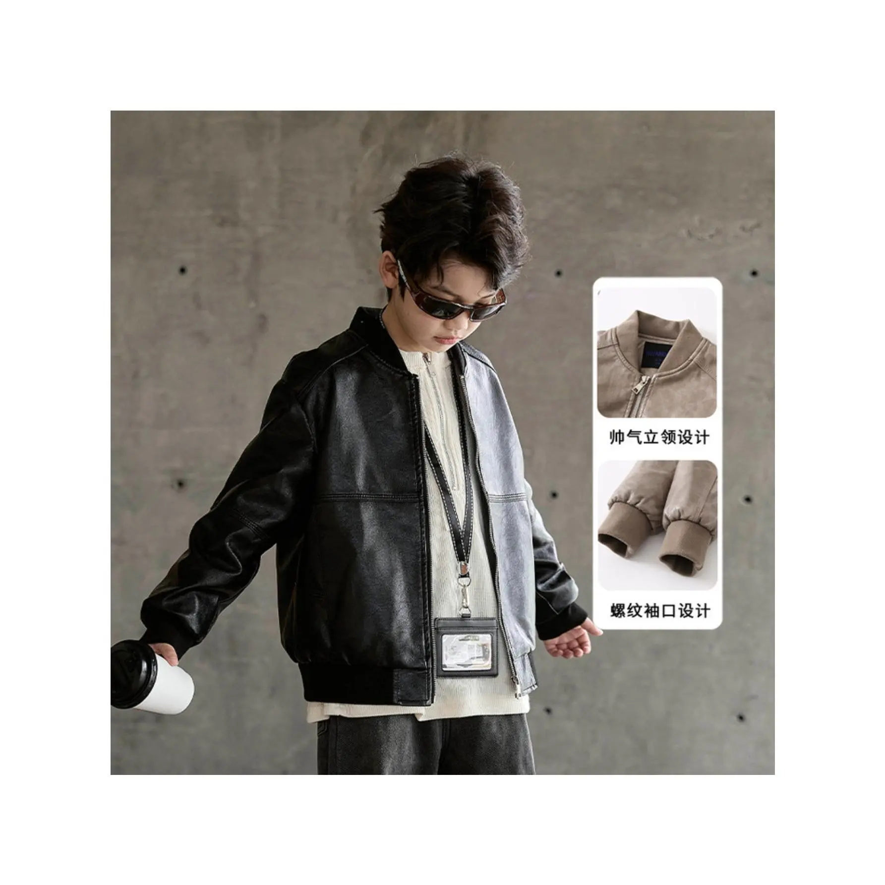 Boys' Stylish Solid Color Casual Leather Jacket - Casual Lapel, Cotton Blend, Zip Closure, Spring-Autumn Spring Wear, Full Length Top, Polyester, Long Sleeve, Regular, 11-12Y, Child-Sized Boys' Jackets, Coats, Basic, Everyday Outfit, Plain, 7-8Y, 5-6Y, Ba