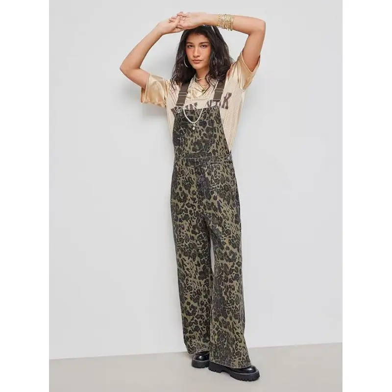 Leopard Overalls for Women Stretch Denim Loose Fit Bib Coveralls Cheetah Print Spring Fall Winter Outfits Fashion Animal Sleeveless Jumpsuits Straight Leg Pants Halloween Womenswear Rompers Christmas Gift for Mom Wife