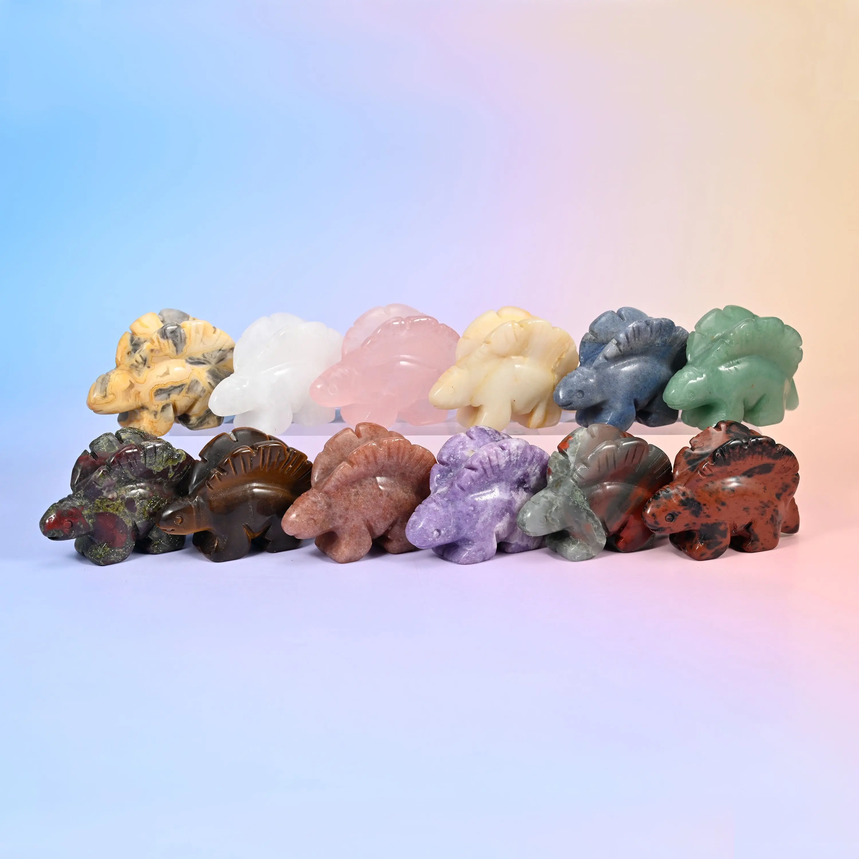 2-Piece Crazy Agate Stegosaurus Dinosaur Mixed Crystal Carving, Natural Stone Crystal Art Collectible, Home Decor Statue, Ideal Gift for Home Enthusiasts, Miniature Figures Figurines, Mixed Crystal Figurines