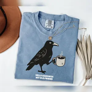 Comfort Colors Halloween Crow Shirt, Hello Darkness My Old Friend, Minimalist Bird Tee, Funny Raven Shirt, Fall Coffee T-Shirt, Crow Shirt