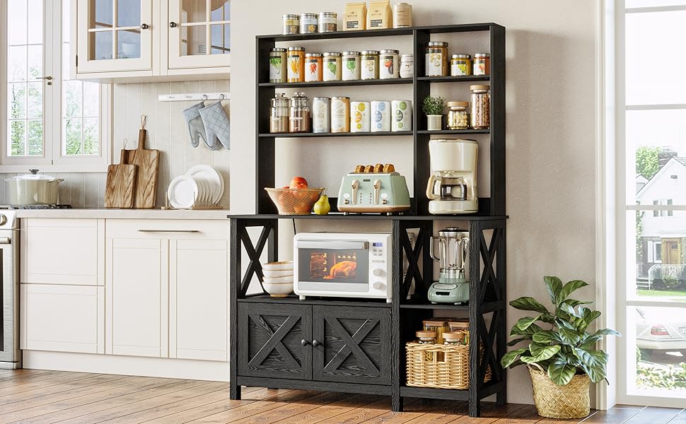 IRONCK Bakers Rack with Power Outlet, 45in Wide Coffee Bar Cabinet with Storage, 6-Tier Kitchen Storage with Doors, Microwave Stand for Kitchen, Dining Room