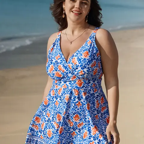 BloomChic Breezy Print Pocket Surplice Swim Dress 【M-6XL】
