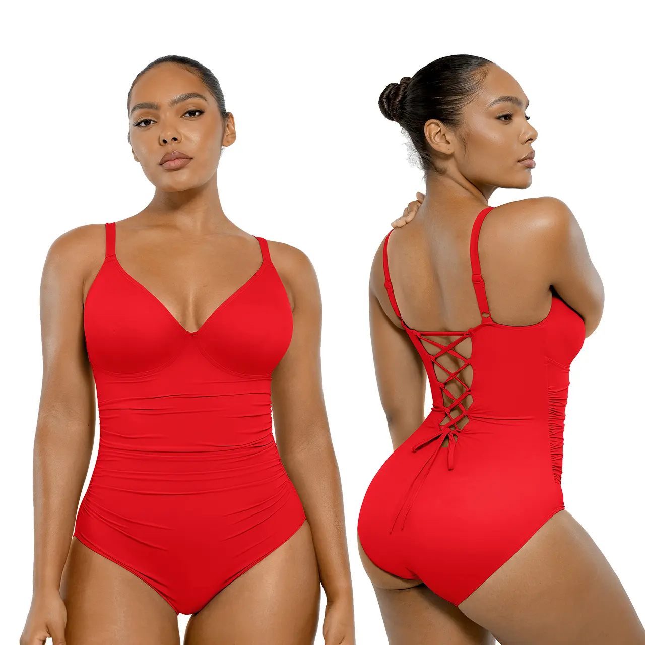 Shapellx Women's Back Drawstring One-piece Swimsuit V-neck Elastic Triangle-Cut Bottom Customizable Shoulder Band Removable Chest Pads Swimwear