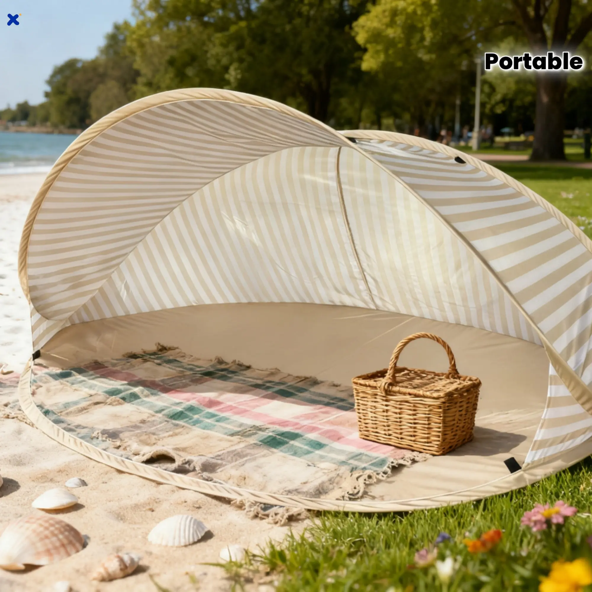 2-Person Instant Pop-Up Beach Tent, 2-Second Quick Setup No Assembly Portable Sun Shelter Canopy, Ideal for Beach, Picnic, Park & Family Camping