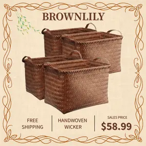 BROWNLILY 4 Pack Handwoven Wicker Storage Baskets, Large Storage Bins, Rattan Style Home Storage Organizer for Shelves, Closet, Laundry Hampers, Clothes & Blanket Storage, Bedroom & Bathroom Organization