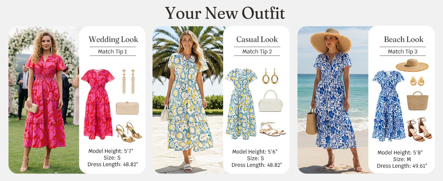 Wenrine Women‘s Summer Short Sleeve Maxi Dresses Casual Floral V Neck Smocked Tiered Flowy Boho Beach Sundress