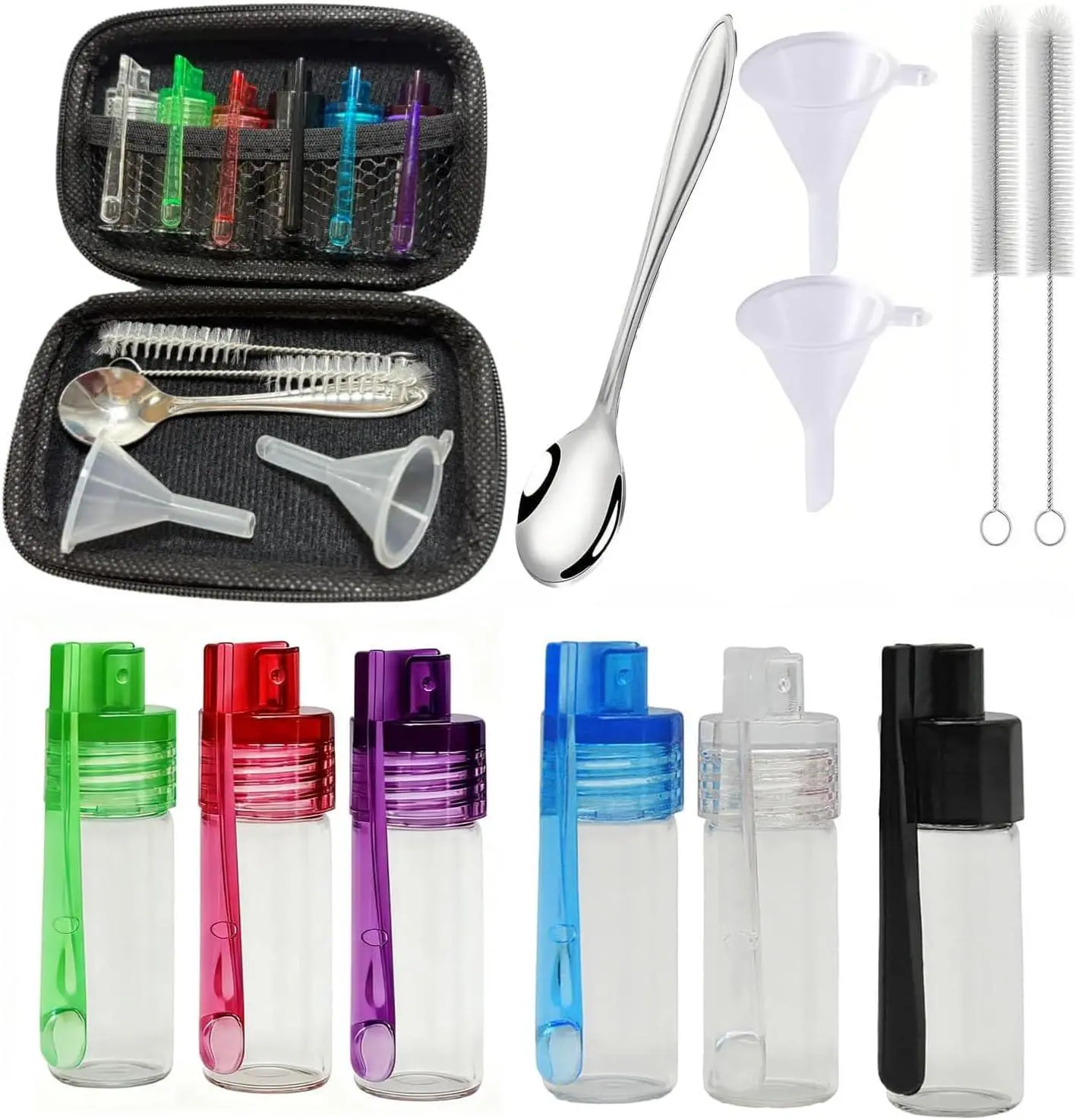 1Set Reusable Transparent Glass Travel Spice Jars with Spoon, Leakproof Airtight Seasoning Kit with Storage Box, Funnels, Brushes, Sturdy for Home Kitchen, Outdoor Cooking (Colorful)