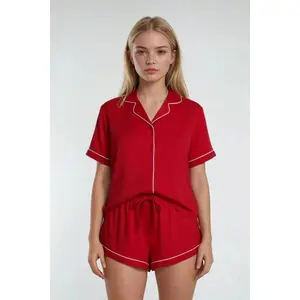 Piped-Trim Top & Shorts Pajama Set