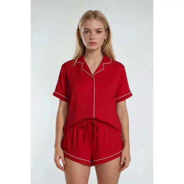 Forever 21 Lady's Minimalist Style 2-Piece Matching Short-Sleeve Piped-Trim Pajama Set - Button-Down Top & Shorts, Soft Cozy Sleepwear, Elegant Contrast Trim Loungewear Fit pajama sets women lounge set pj sets for women