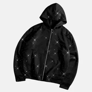 Unisex trendy sweatshirt: lightweight zip-up hoodie cardigan with rhinestone accents; subtle micro rhinestones create a sparkling texture, street style.